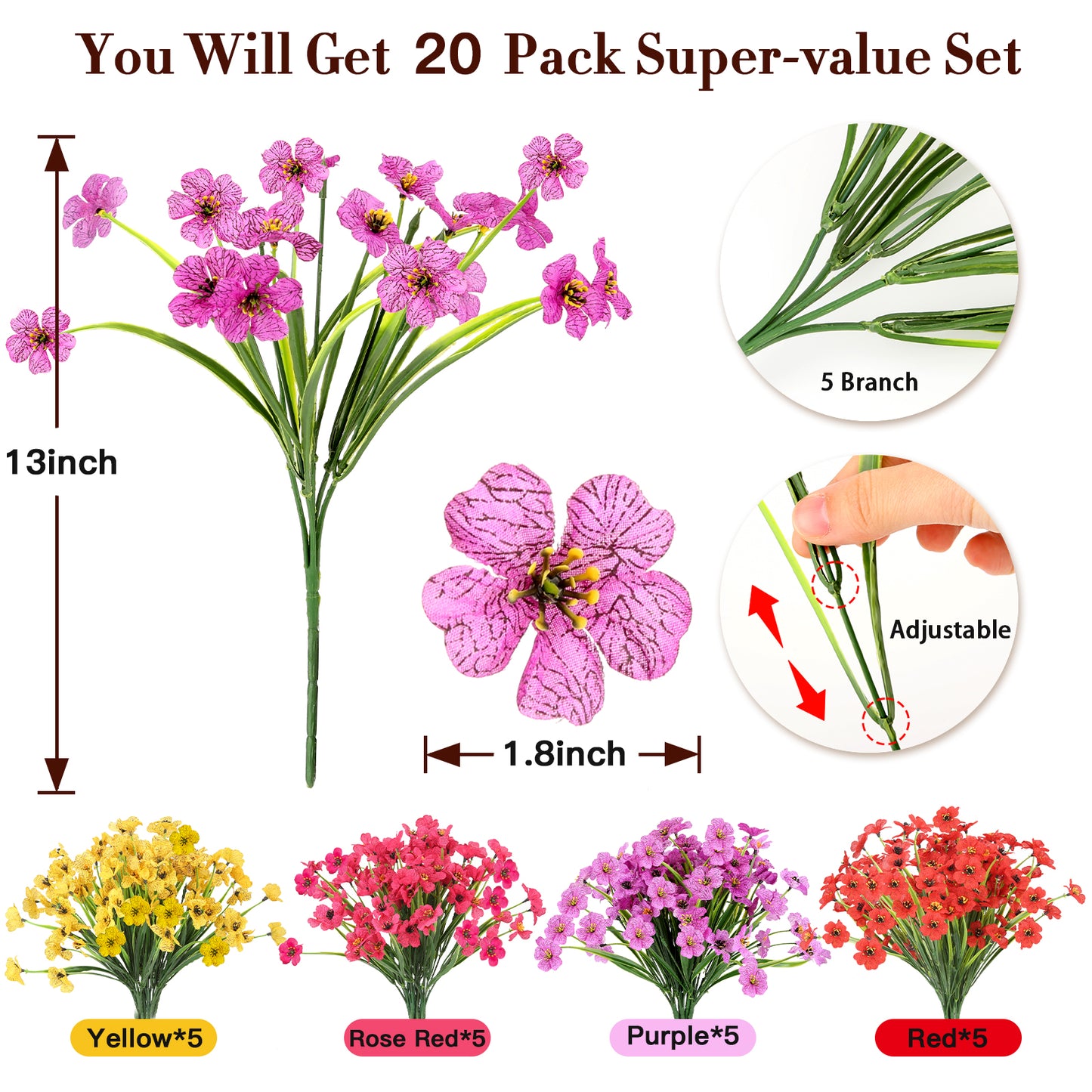 20 Bundles Artificial Flowers for Outdoors Decorations, Fake Flowers Faux Plants Silk Colorful Daisy Eucalyptus Flowers Realistic UV Resistant for Garden Patio Porch Box Home Indoor Outdoor Decor