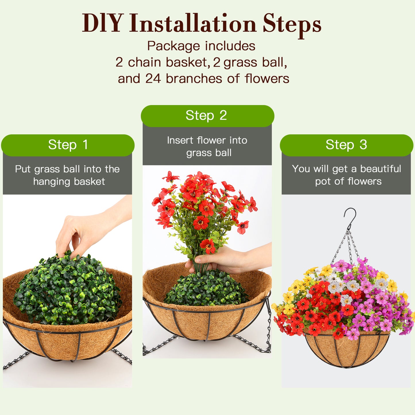 24 Bundles Artificial Hanging Flowers with 2 Baskets for Outdoors, Artificial Hanging Plants Outdoors, Fake Hanging Flowers Daisy Eucalyptus Realistic UV Resistant for Garden Patio Porch Summer Decor