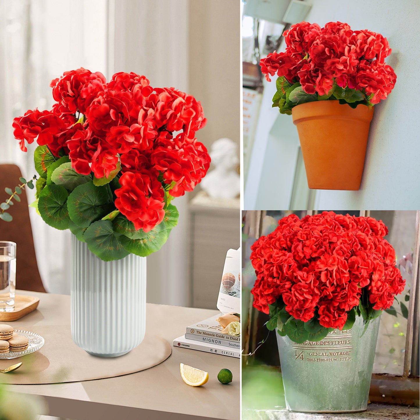 6 Bundles Artificial Geraniums for Outdoors, Faux Flowers Artificial Flowers Realistic for Outdoor, Faux Plants Outdoor UV Resistant for Garden Patio Porch Window Box Home Indoor Outdoor Decor